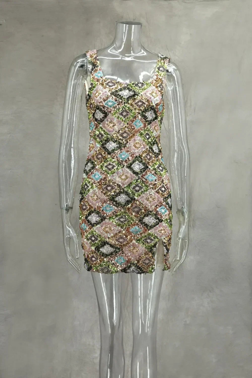 Colorful Rhombus Sequins Sexy Mini Dress Elegant Chic Straps Slit Bodycon Party Dresses Summer Holidays Evening Women Dress 2025 Femstylo