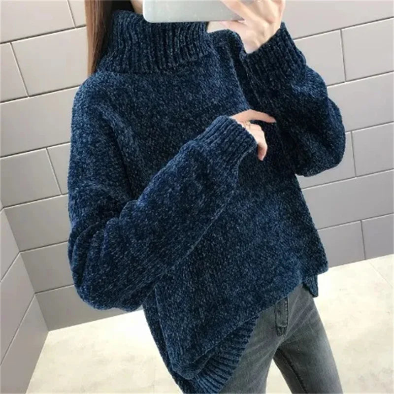 Chenille Turtleneck Sweater Women's Autumn Winter 2025 New Loose Elastic Thick Knitted Sweaters Solid Female Warm base Shirt Urban Fashion Icon