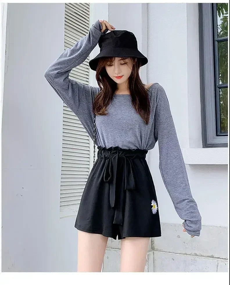 Summer Lightweight Black Casual Sports Pants Women Student Loose High-Waist Wide-Leg Shorts Femstylo