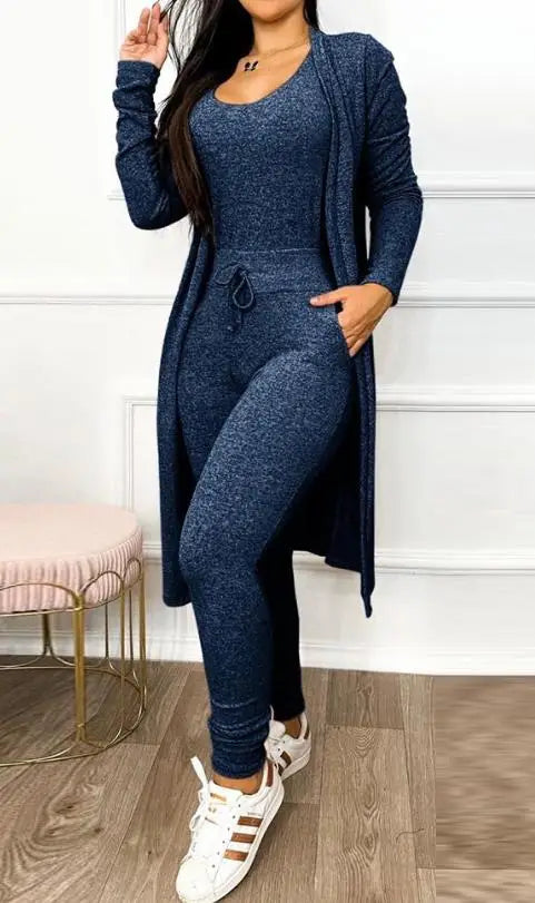 Two Piece Set Women Outfit 2023 Spring Fashion Drawstring Pocket Design U-Neck Sleeveless Skinny Jumpsuit & Long Sleeve Coat Set Urban Fashion Icon