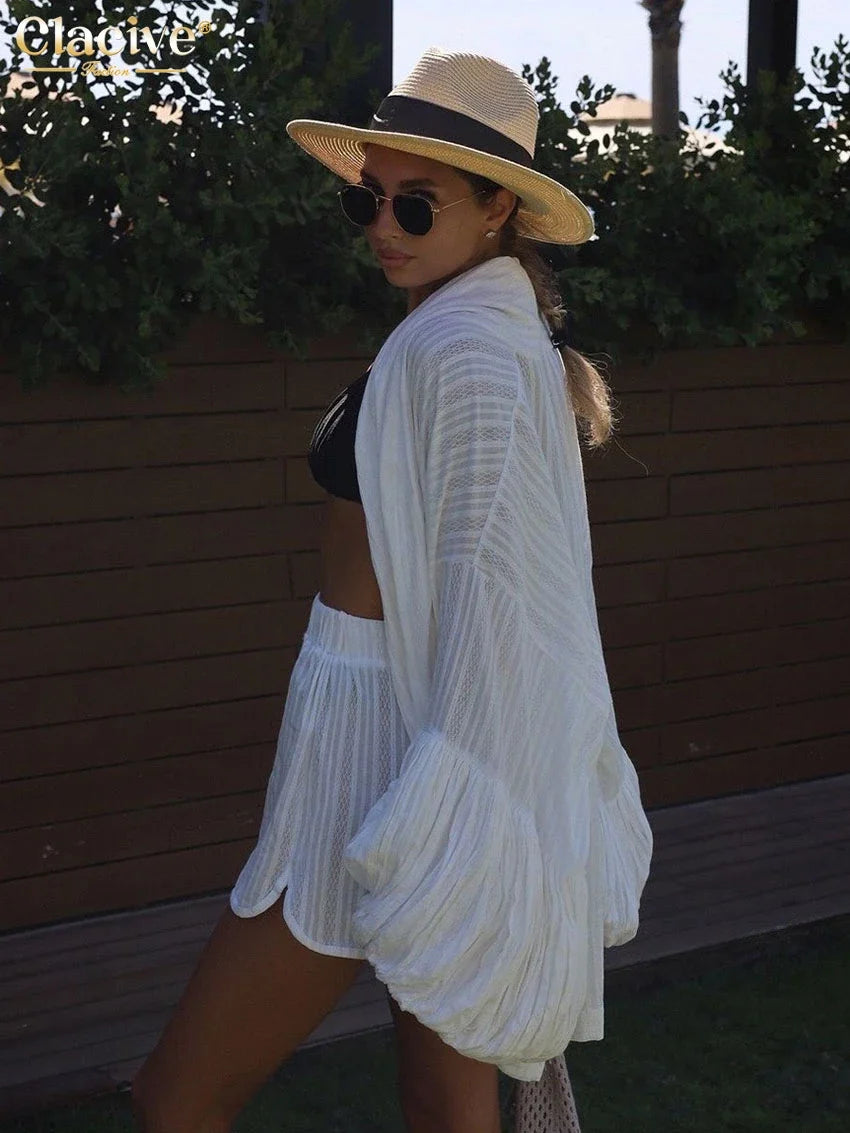 Clacive Fashion Loose White Cotton Sets For Women 2 Pieces 2025 Elegant Puff Sleeve Robes With High Waist Shorts Set Female Urban Fashion Icon