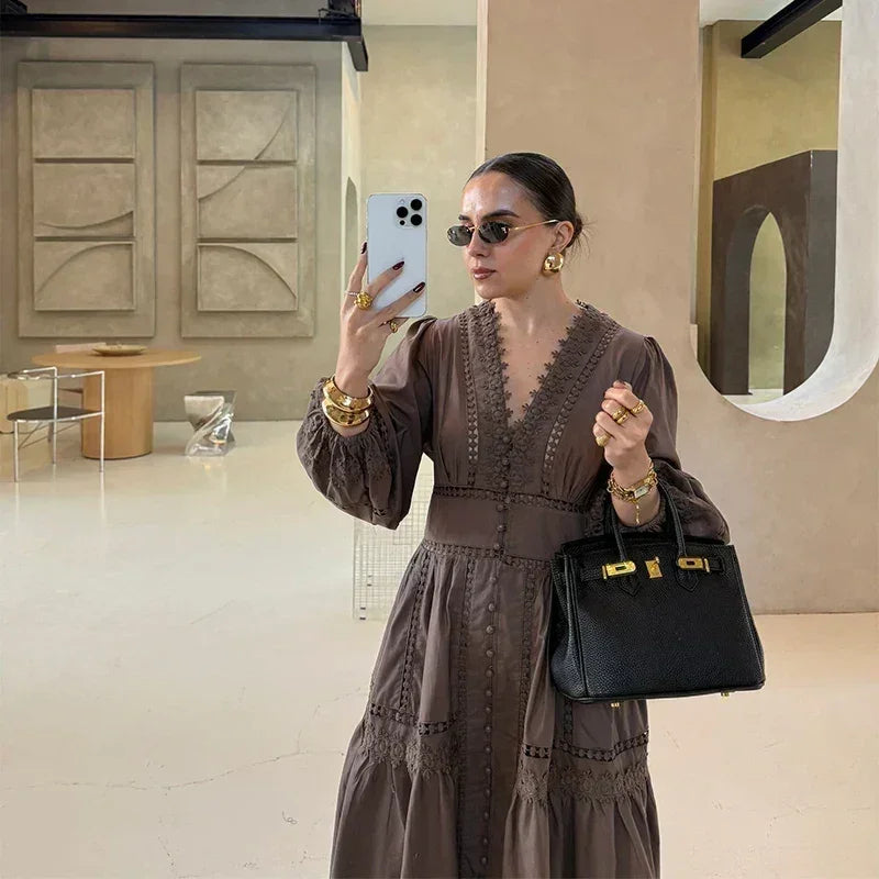 Elegant Lace Patchwork Hollow Out Dress Women Solid V-neck Long Lantern Sleeve Loose Dresses 2025 Spring Vacation Lady Robes Femstylo