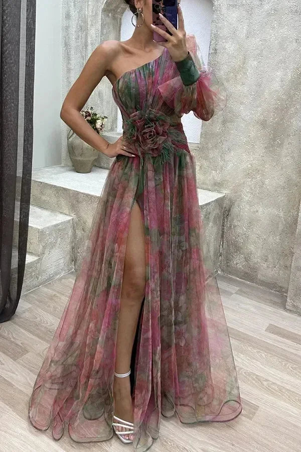 Elegant Oblique Shoulder Single-sleeve  Zipper High Slit Mesh Long Dress For Women Fashion Flower Decoration Party Dress Female Femstylo