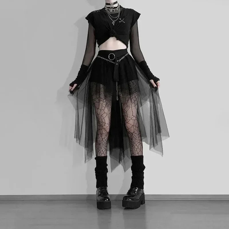 Casual Skirts Punk Sexy Net Yarn High-Waisted Irregular Skirt for Women Summer New European and American Gothic Style Versatile Femstylo