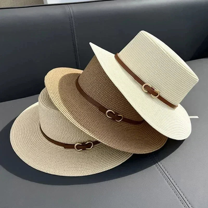 Simple Straw Summer Women Beach Hat Female Casual Panama Hat Women Flat Brim Bowknot Straw Cap Girls Sun Hat Femstylo