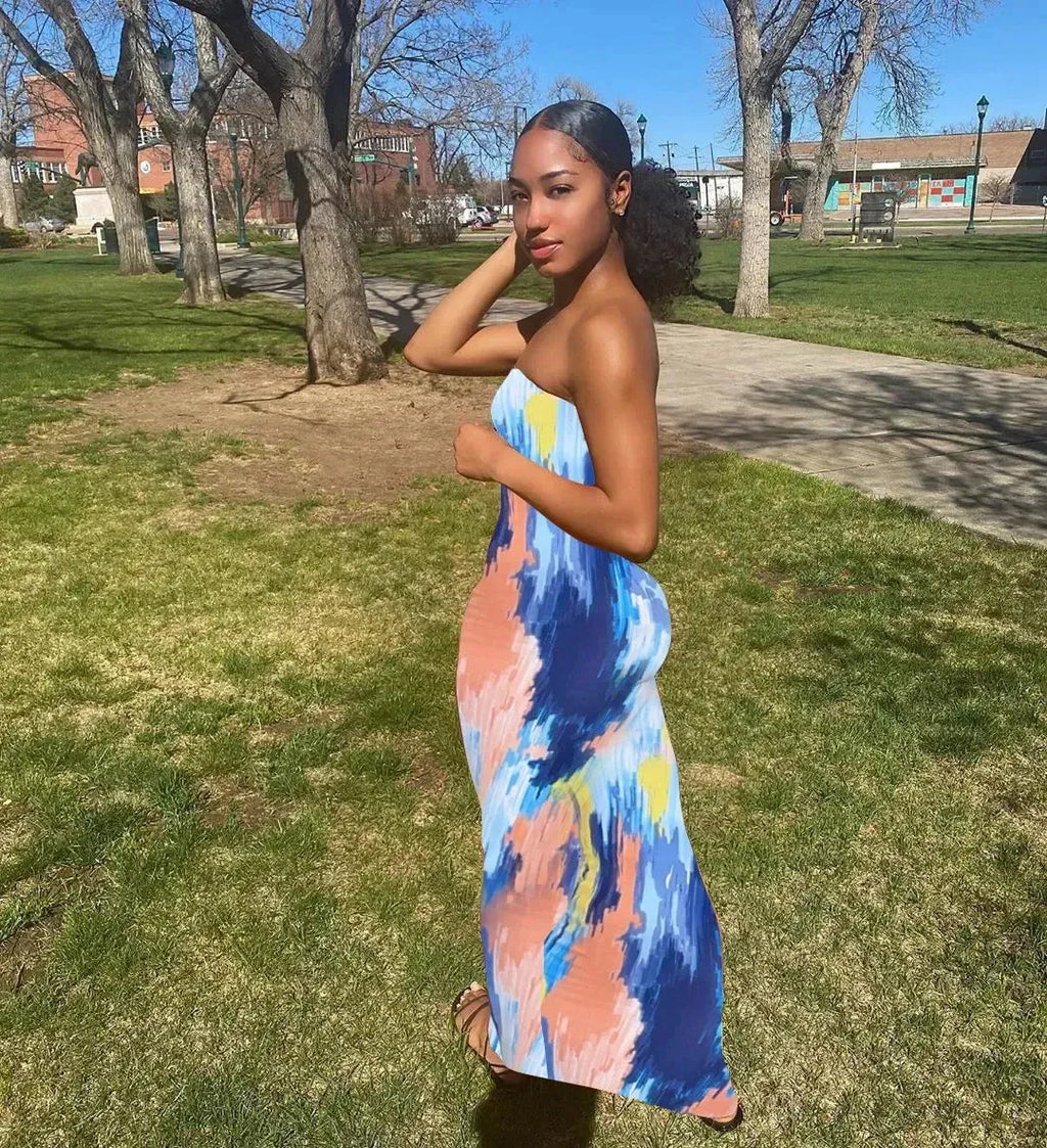Spring And Summer Dresses For Women Chest Wrap Printed Off Shoulder Bandage Slim Sexy Long Dress 2023 New Fashion party MsChuh Femstylo