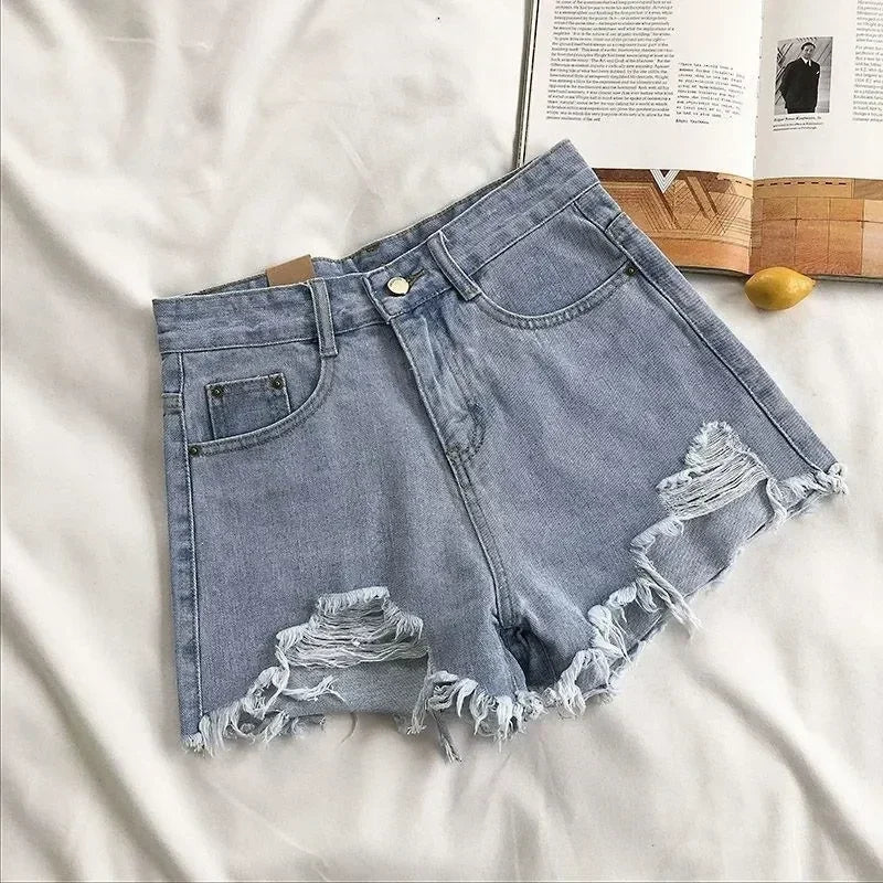 Korean Denim Shorts Women Summer Fashion Casual High Waist Ripped Jeans Pocket Tassel Y2K Hot Pants Streetwear Blue Trousers Femstylo
