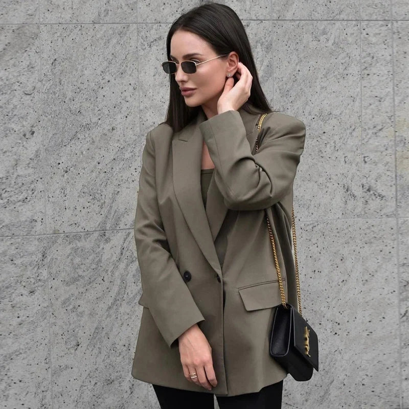 HXAO Blazer Women Double Breasted Pocket Women's Jacket 2025 Long Sleeve Casual Blazers Woman Chic Office Wear Ladies Coat Urban Fashion Icon