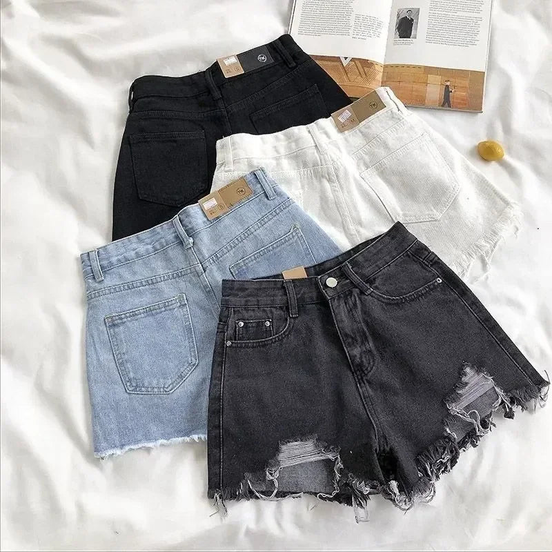 Korean Denim Shorts Women Summer Fashion Casual High Waist Ripped Jeans Pocket Tassel Y2K Hot Pants Streetwear Blue Trousers Femstylo