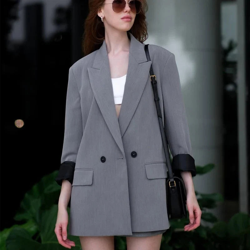 HXAO Blazer Women Double Breasted Pocket Women's Jacket 2025 Long Sleeve Casual Blazers Woman Chic Office Wear Ladies Coat Urban Fashion Icon