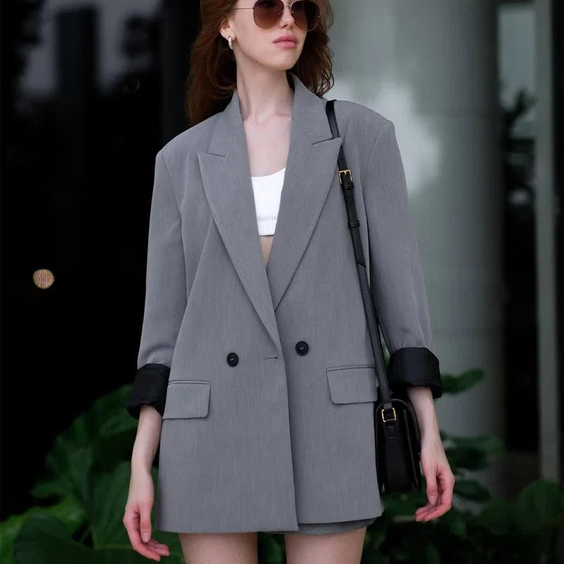 HXAO Blazer Women Double Breasted Pocket Women's Jacket 2025 Long Sleeve Casual Blazers Woman Chic Office Wear Ladies Coat Urban Fashion Icon