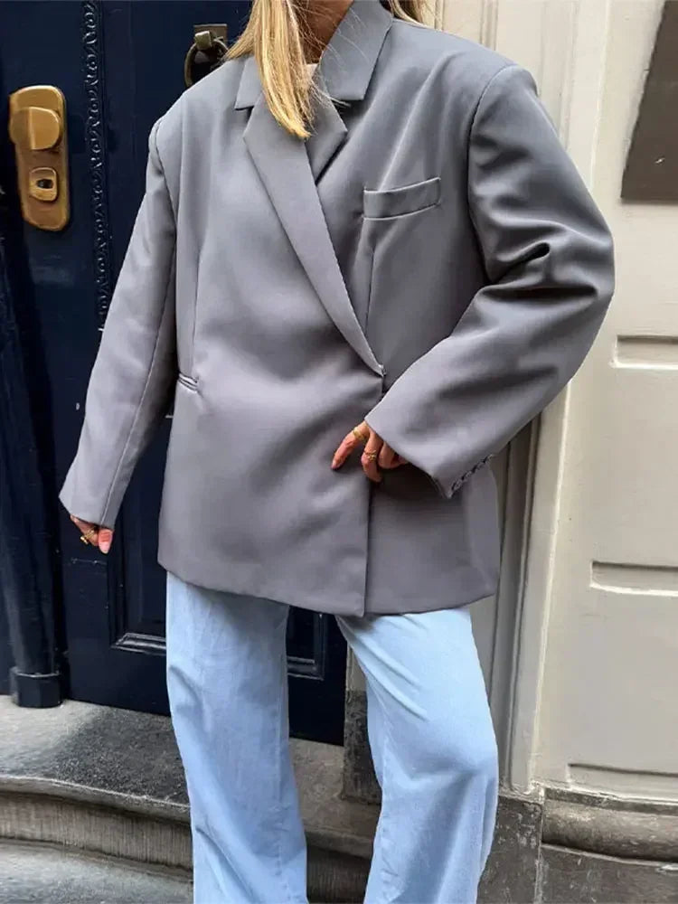 Women's V-Neck Side-Buttoned Suit Jacket Long Sleeve Solid Color Coats Pocket Cuffs Oversize Tops High Street Female Clothes Femstylo