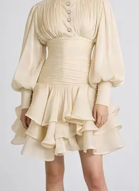 Solid Victorian-inspired Mini Dress Women Puff-sleeve Ruched Tiered Romantic Cottagecore Party Dresses 2026 Trendy Elegant Robe Urban Fashion Icon