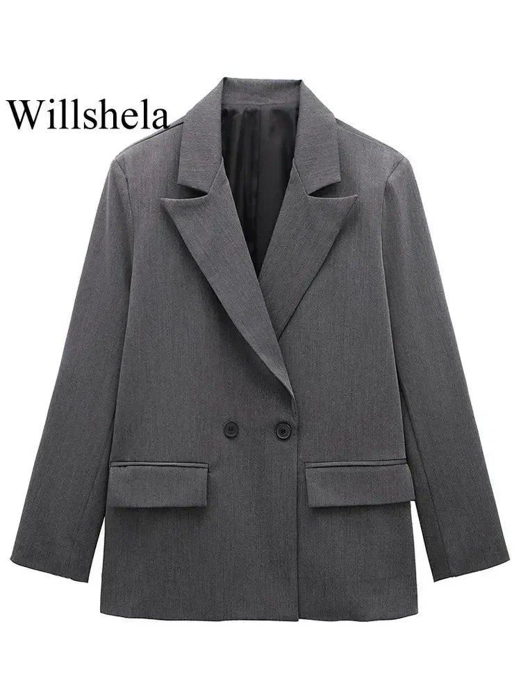 Willshela Women Fashion With Pockets Solid Double Breasted Blazer Vintage Long Sleeves Notched Neck Female Office Lady Outfits Femstylo