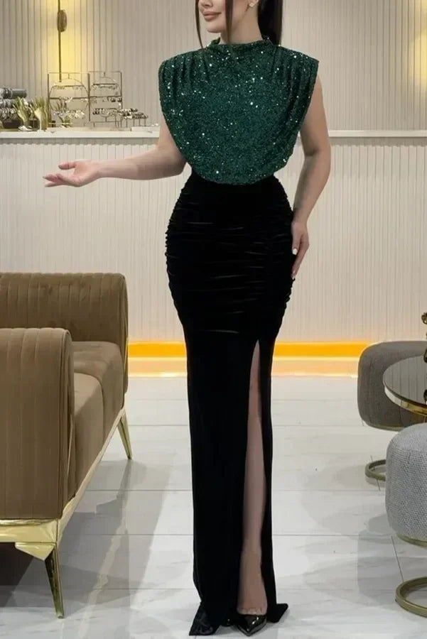 Lady Fashion Sleeveless Draped Split Dress Casual O Neck Sequin Splicing Party Dress 2025 New Year Elegant High Waist Long Dress Femstylo