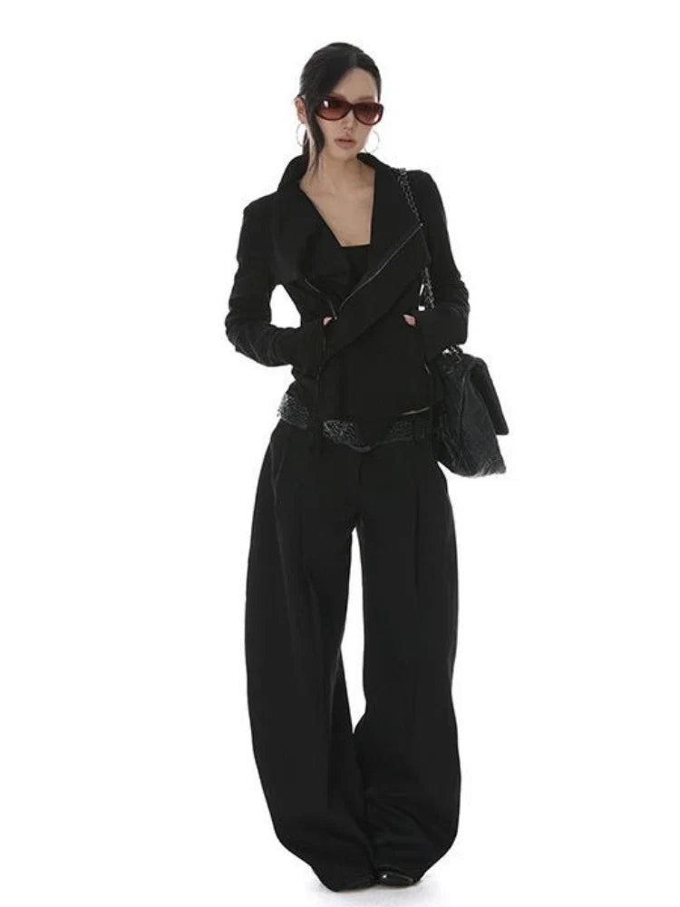 Vintage Turn Down Collar Cropped Jackets Women Harajuku Punk Slim Fit Coat Streetwear Pocket Zipper Y2k Aesthetic Grunge Outwear Urban Fashion Icon