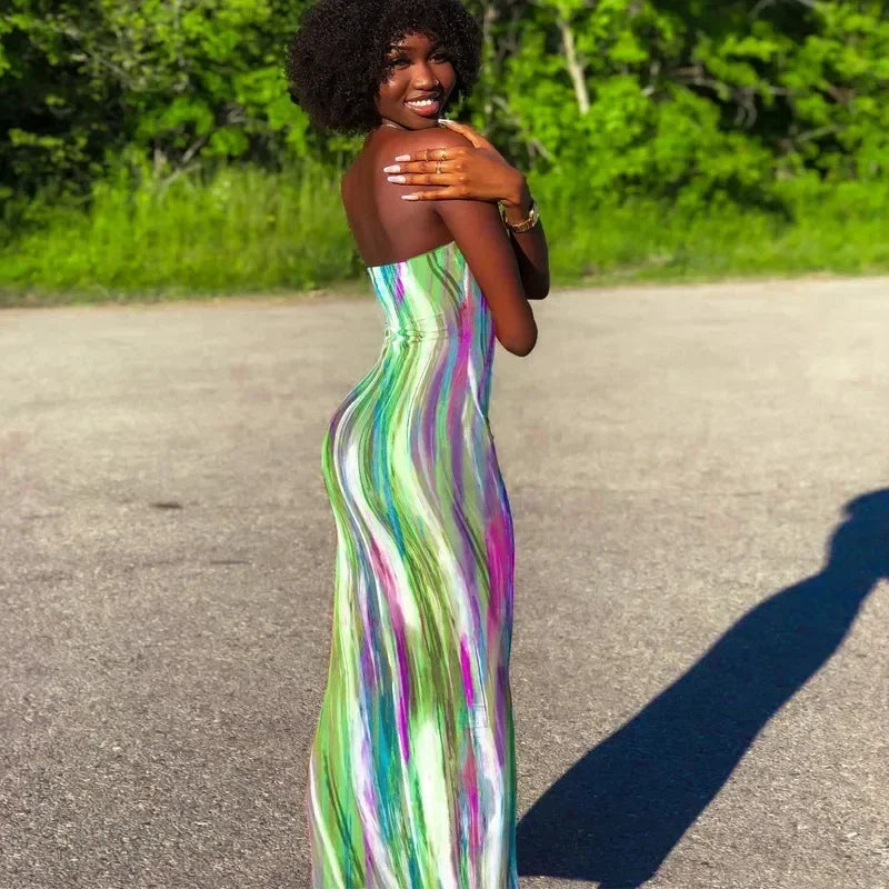 Spring And Summer Dresses For Women Chest Wrap Printed Off Shoulder Bandage Slim Sexy Long Dress 2023 New Fashion party MsChuh Femstylo