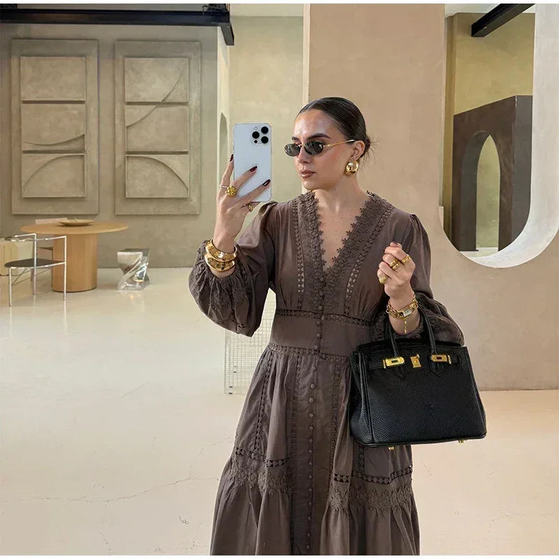 Elegant Lace Patchwork Hollow Out Dress Women Solid V-neck Long Lantern Sleeve Loose Dresses 2025 Spring Vacation Lady Robes Femstylo