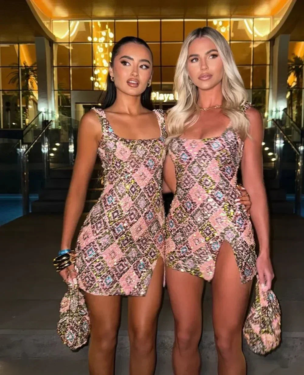 Colorful Rhombus Sequins Sexy Mini Dress Elegant Chic Straps Slit Bodycon Party Dresses Summer Holidays Evening Women Dress 2025 Femstylo