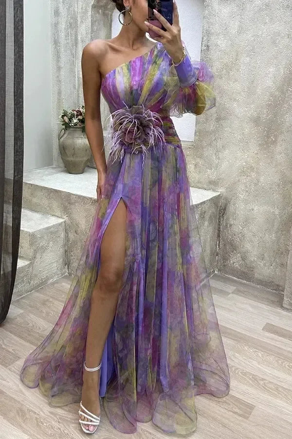 Elegant Oblique Shoulder Single-sleeve  Zipper High Slit Mesh Long Dress For Women Fashion Flower Decoration Party Dress Female Femstylo