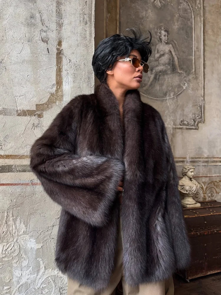 Solid Medium-length Fur Coat Women Elegant Lapel Hidden Button Loose Outerwear 2025 Winter New Office Lady Commute Overcoat Urban Fashion Icon