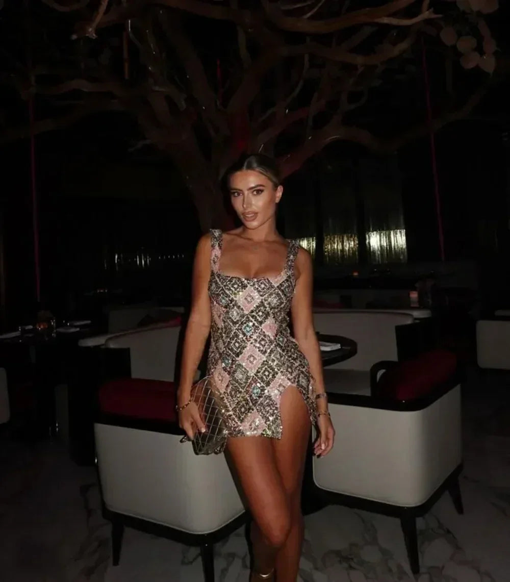 Colorful Rhombus Sequins Sexy Mini Dress Elegant Chic Straps Slit Bodycon Party Dresses Summer Holidays Evening Women Dress 2025 Femstylo