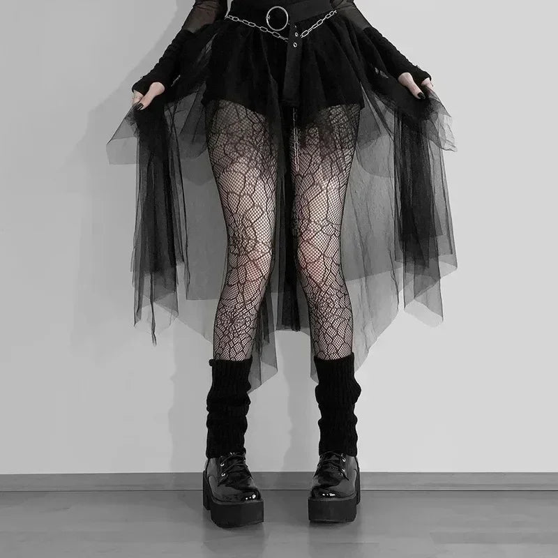 Casual Skirts Punk Sexy Net Yarn High-Waisted Irregular Skirt for Women Summer New European and American Gothic Style Versatile Femstylo