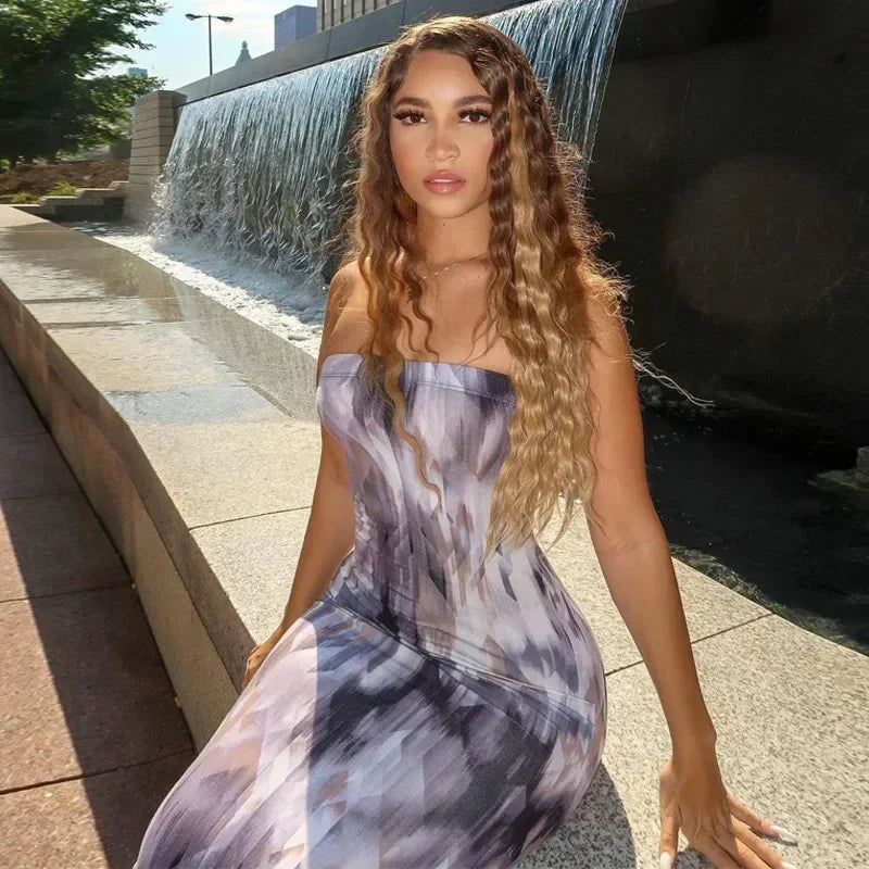 Spring And Summer Dresses For Women Chest Wrap Printed Off Shoulder Bandage Slim Sexy Long Dress 2023 New Fashion party MsChuh Femstylo