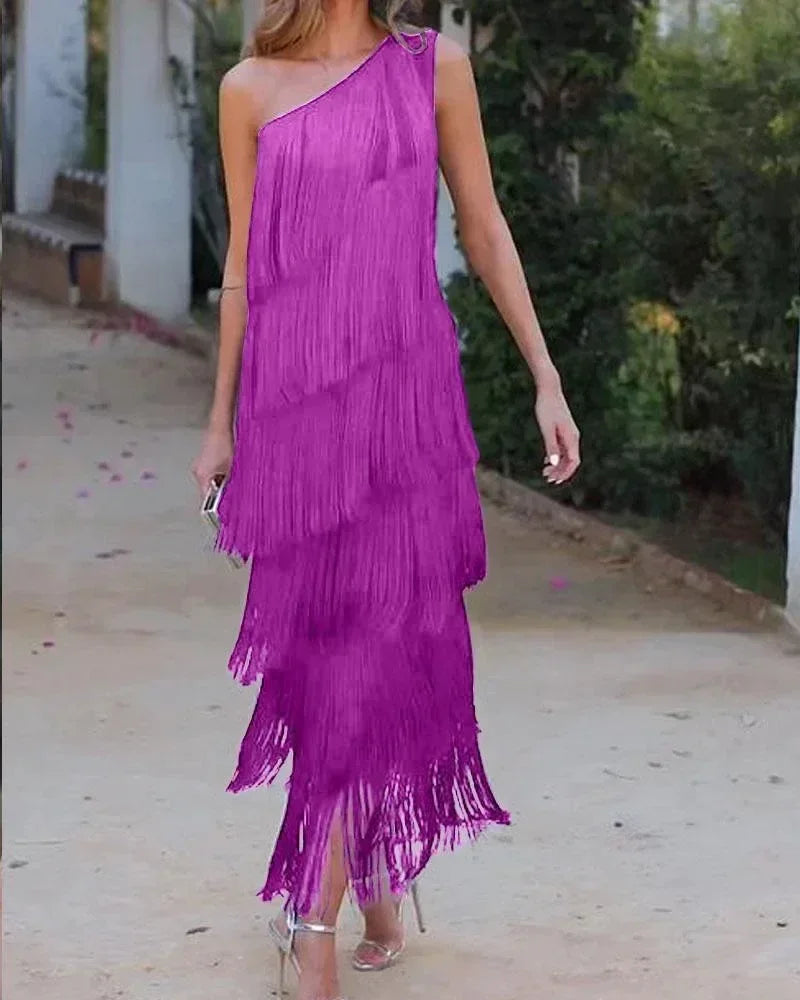 Spring and Summer New Fashion Fringed Slanted Shoulder Asymmetrical Dress for Women Femstylo