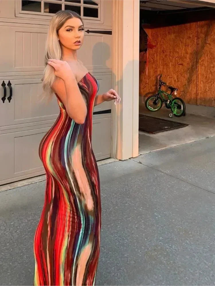 Spring And Summer Dresses For Women Chest Wrap Printed Off Shoulder Bandage Slim Sexy Long Dress 2023 New Fashion party MsChuh Femstylo