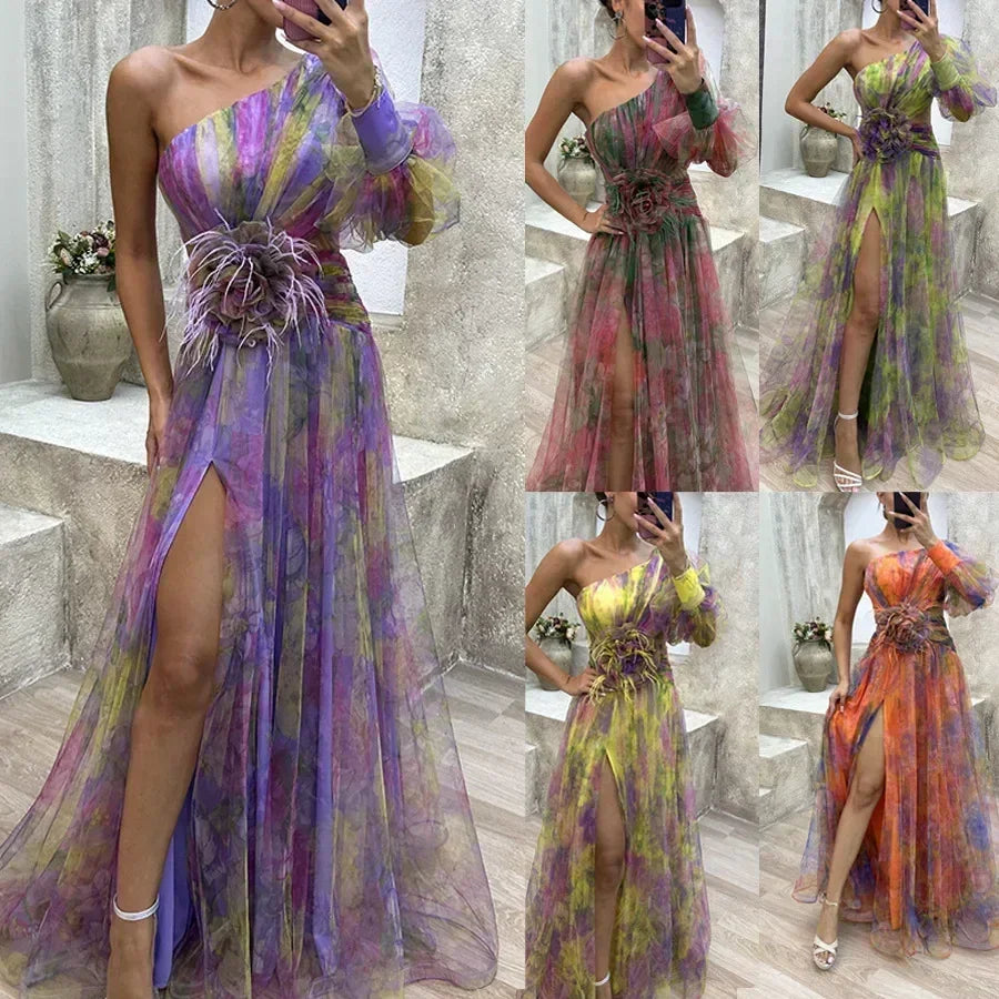 Elegant Oblique Shoulder Single-sleeve  Zipper High Slit Mesh Long Dress For Women Fashion Flower Decoration Party Dress Female Femstylo
