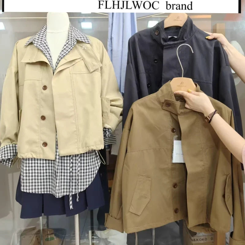 Korea Short Outerwear Woman Casual Loose Lazy Chic Long Sleeve Cotton Blends Windbreaker Coats Thin Thench Urban Fashion Icon