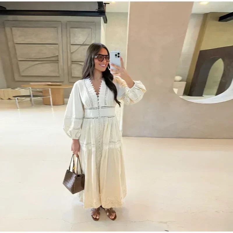 Elegant Lace Patchwork Hollow Out Dress Women Solid V-neck Long Lantern Sleeve Loose Dresses 2025 Spring Vacation Lady Robes Femstylo