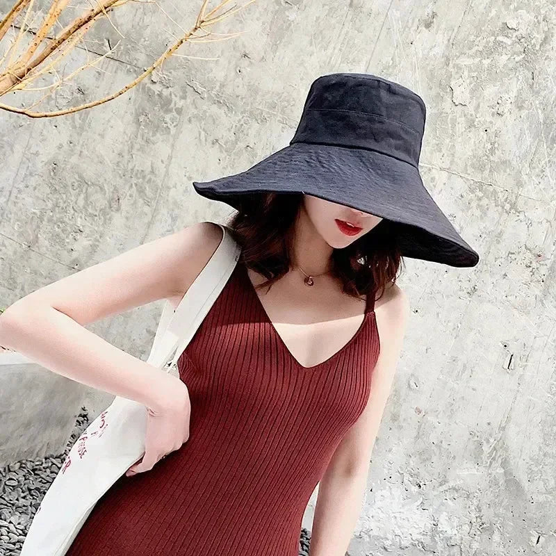 Japanese Sunshade Female Spring and Summer Sunscreen Free To Fold Big Brim Sun Hat Fisherman Hat Cover Face Oversized Hair Femstylo
