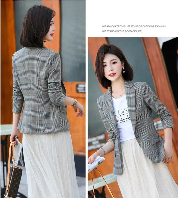 Gray Striped Plaid Blazer Jacket Women's Fashion Slim Coats V-Neck Single Button Ladies Blazers S-XXXXXL Femstylo