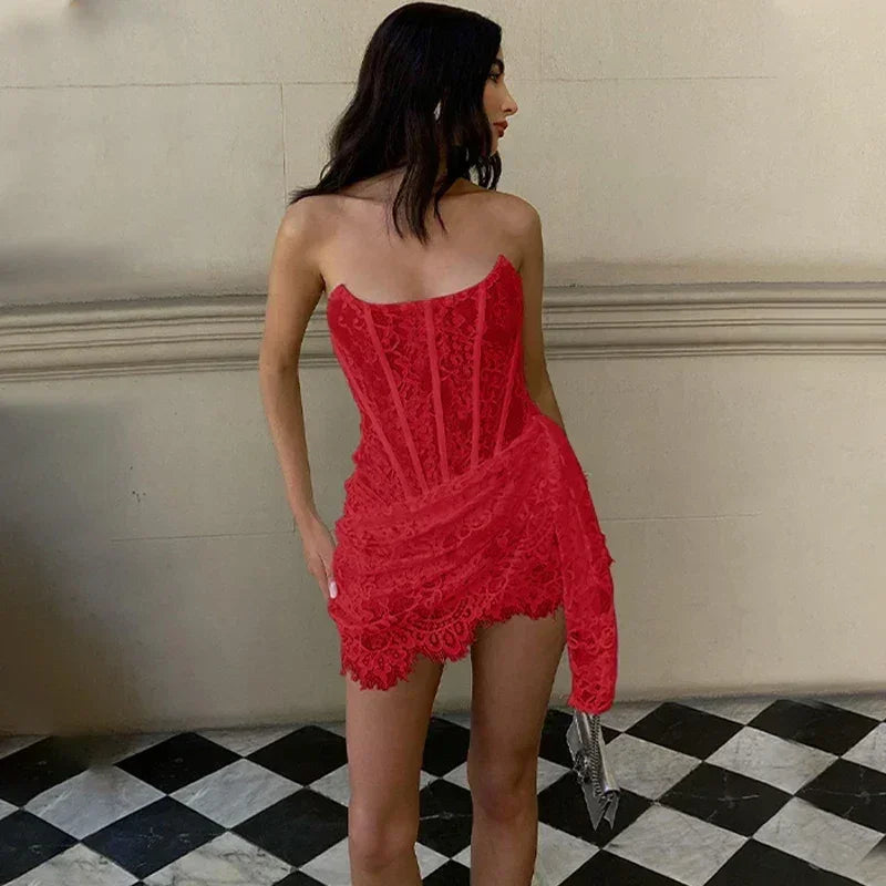 Candyhot Elegant Lace Strapless Sexy See-through Dress Bandage Irregular Mini Dress For Women Summer Slim Street Party Dress Femstylo