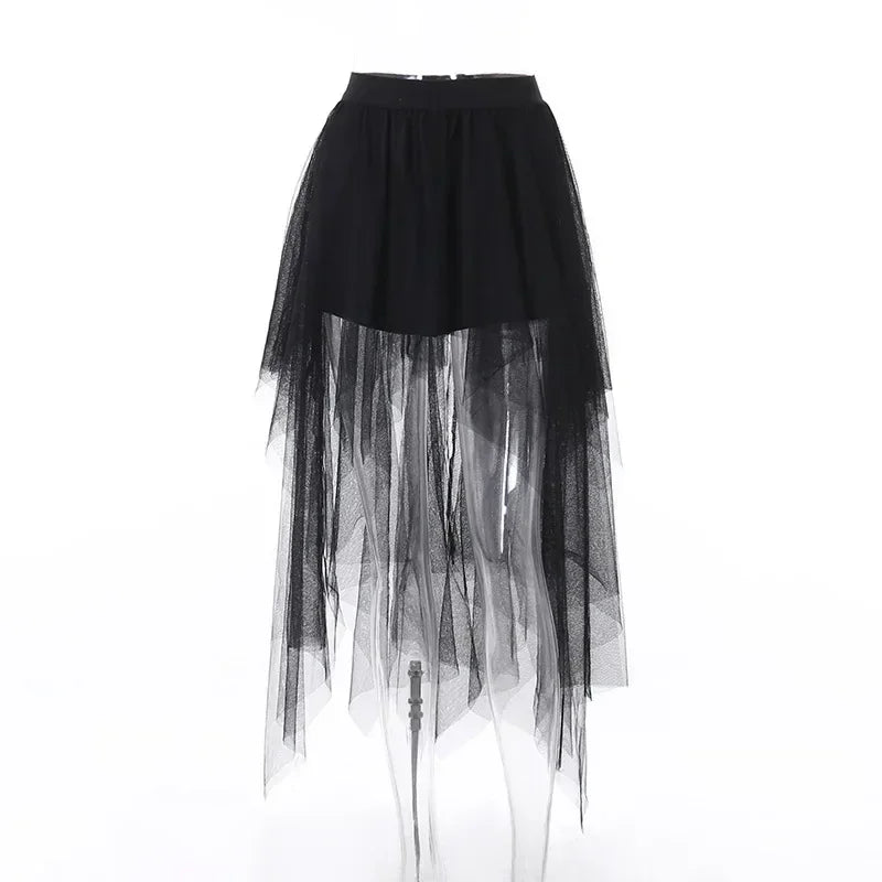 Casual Skirts Punk Sexy Net Yarn High-Waisted Irregular Skirt for Women Summer New European and American Gothic Style Versatile Femstylo