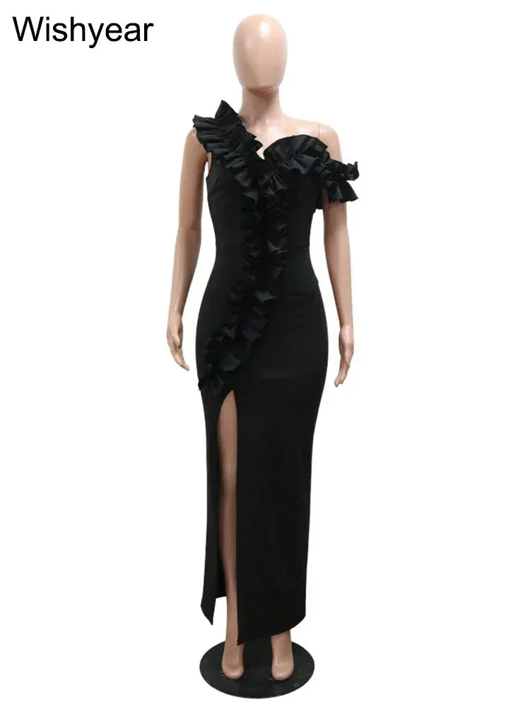 Sexy Night Sleeveless Off Shoulder Wooden Ear Edge Ruffles Bodycon Split Red Midi Dress Women Evening Birthday Party Vestidos Femstylo