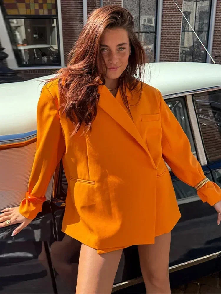 Women's V-Neck Side-Buttoned Suit Jacket Long Sleeve Solid Color Coats Pocket Cuffs Oversize Tops High Street Female Clothes Femstylo