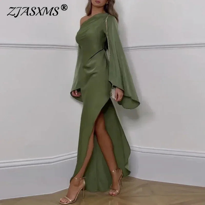 Sexy Oblique Shoulder Solid Irregular Dress Women Elegant Skew Collar Backless Long Dress Autumn Flare Sleeve Slit Party Dresses Femstylo