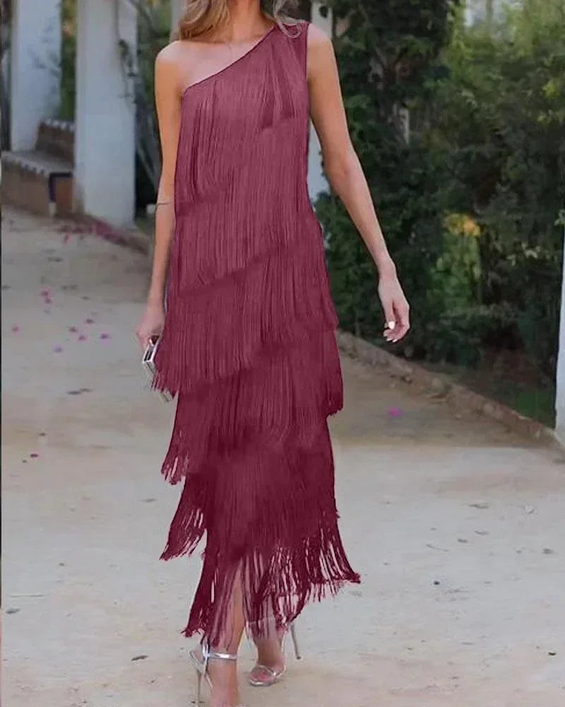 Spring and Summer New Fashion Fringed Slanted Shoulder Asymmetrical Dress for Women Femstylo