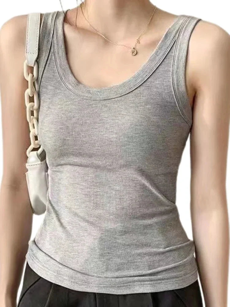 Women Square Collar Wide Straps Fitness Sexy Knitted Tank Top Camisole Solid Color Breathable Cool Vest Summer Trend Tops Female Urban Fashion Icon