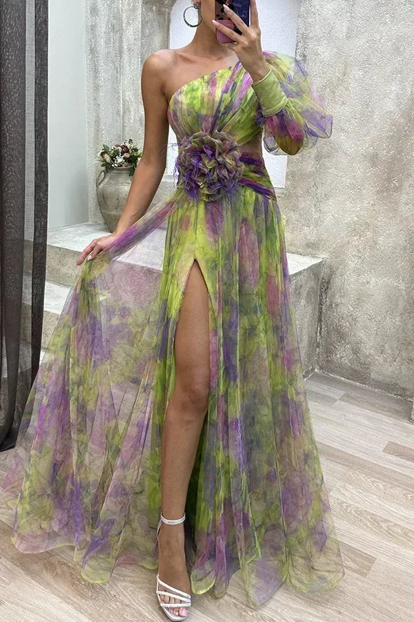 Elegant Oblique Shoulder Single-sleeve  Zipper High Slit Mesh Long Dress For Women Fashion Flower Decoration Party Dress Female Femstylo