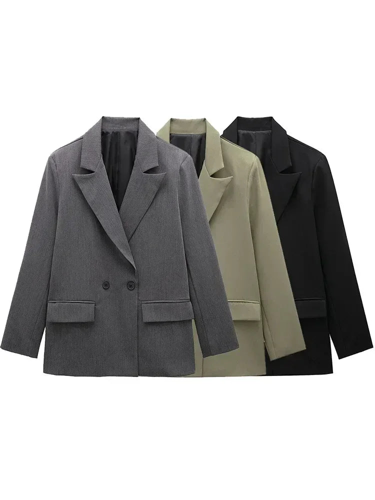 Willshela Women Fashion With Pockets Solid Double Breasted Blazer Vintage Long Sleeves Notched Neck Female Office Lady Outfits Femstylo