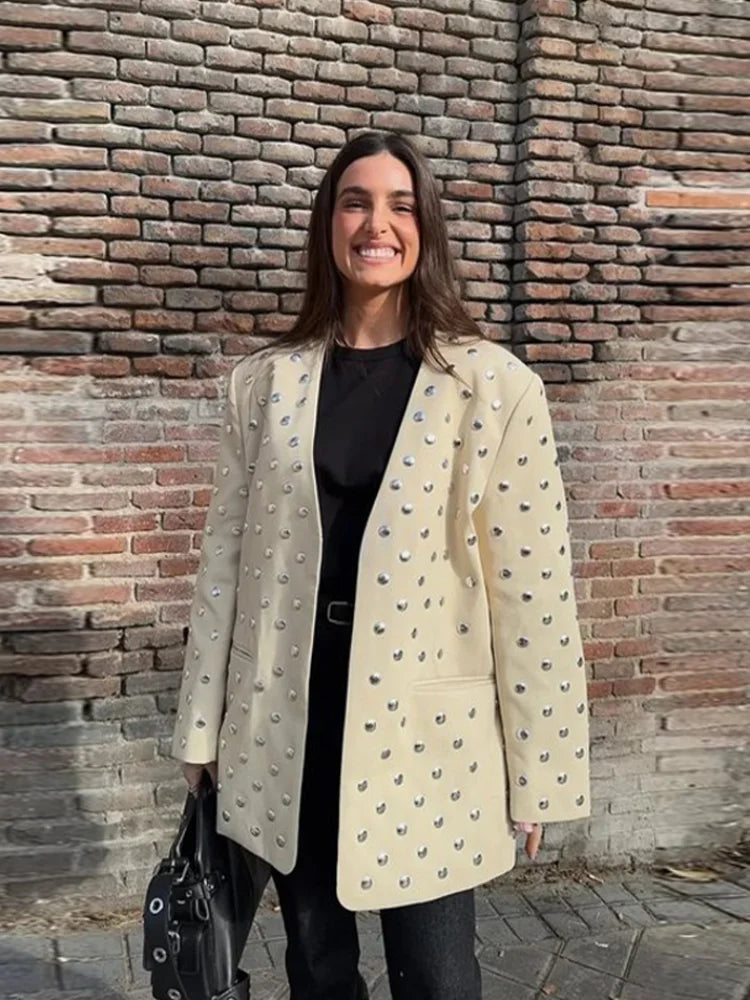 Rivet Fashion V-neck Balzer Coat Women Shoulder Pads Loose Fake Pocket Long Sleeve Jacket 2025 Spring Street Party Commute Tops Urban Fashion Icon