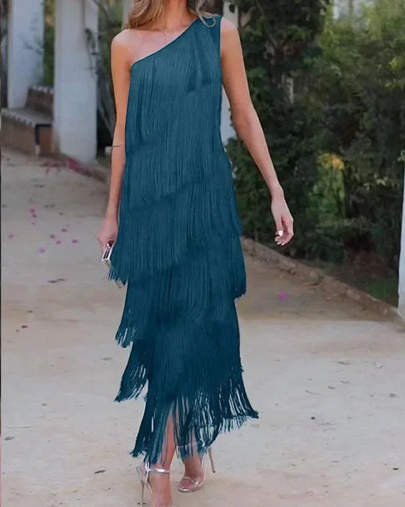 Spring and Summer New Fashion Fringed Slanted Shoulder Asymmetrical Dress for Women Femstylo