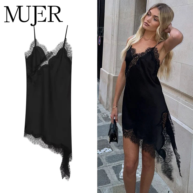 MUJER 2025 Lace Slip Dress Woman Black Backless Short Dresses for Women Asymmetric Party Women's Summer Dress Satin Sexy Dresses Urban Fashion Icon