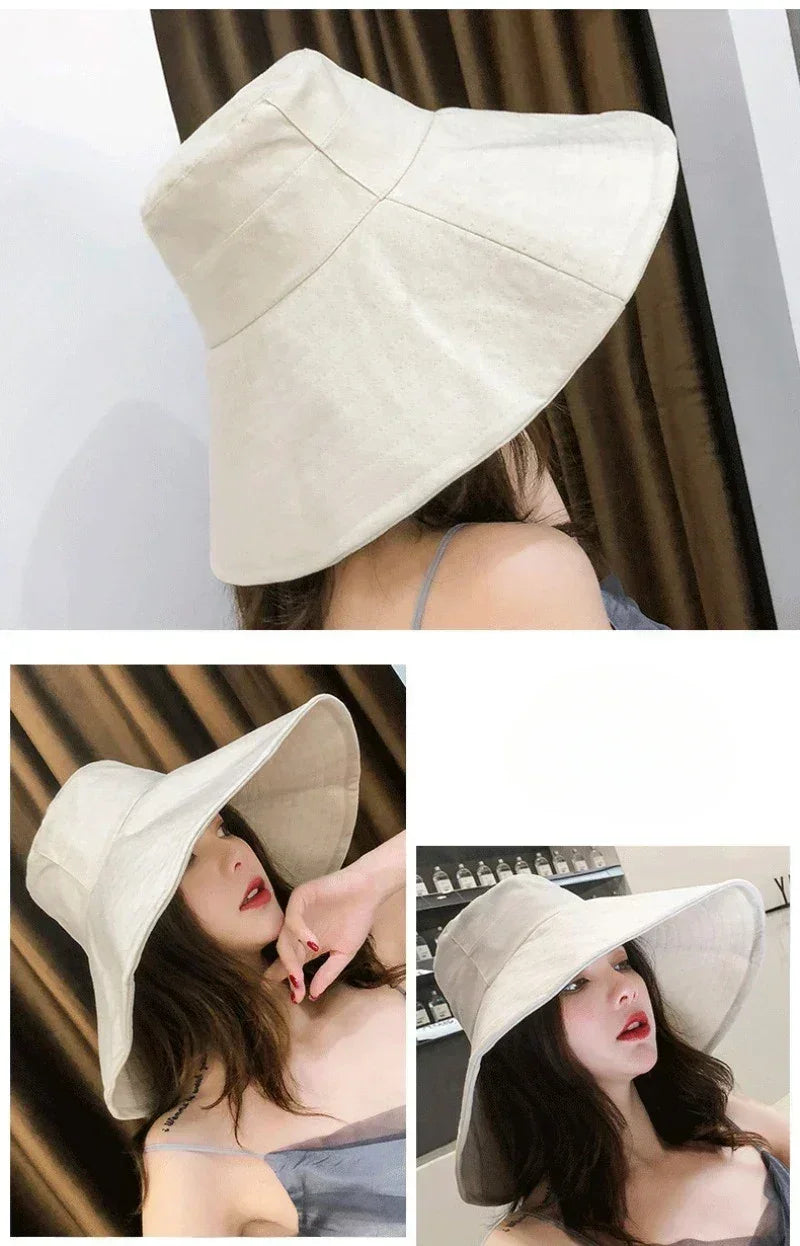 Japanese Sunshade Female Spring and Summer Sunscreen Free To Fold Big Brim Sun Hat Fisherman Hat Cover Face Oversized Hair Femstylo