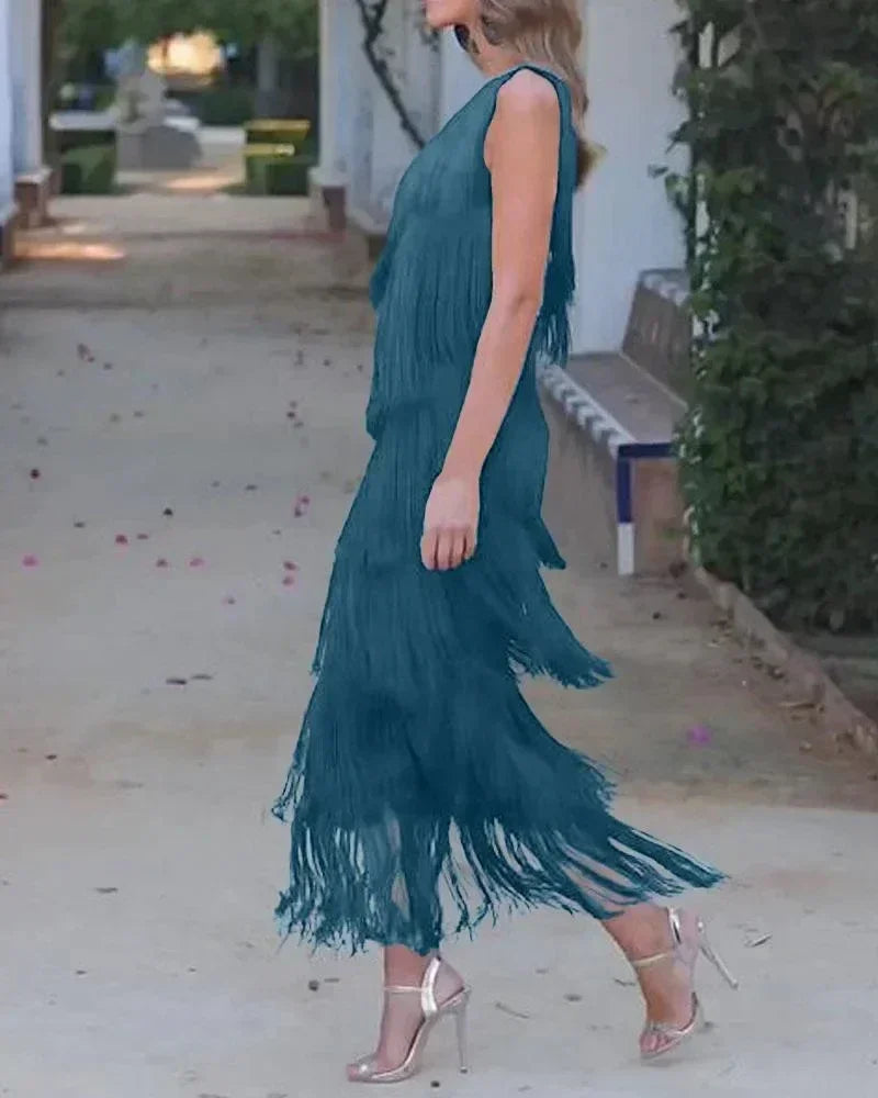 Spring and Summer New Fashion Fringed Slanted Shoulder Asymmetrical Dress for Women Femstylo