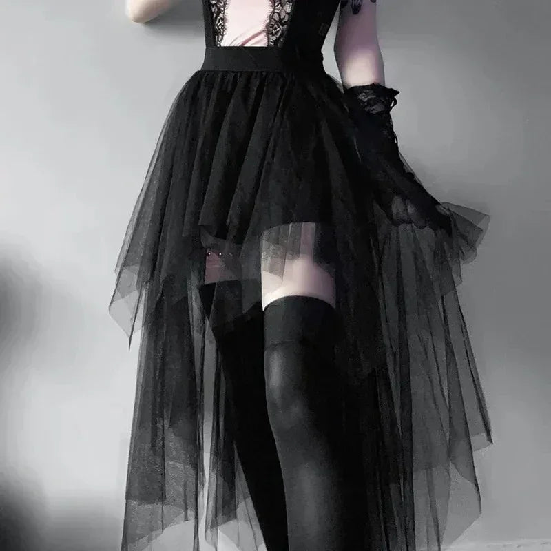 Casual Skirts Punk Sexy Net Yarn High-Waisted Irregular Skirt for Women Summer New European and American Gothic Style Versatile Femstylo